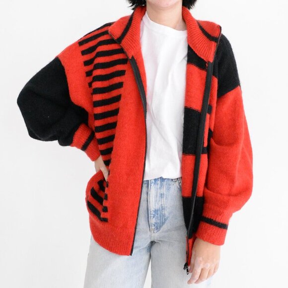 Sweaters - Vintage IB Sport Red Black Block Pattern Fine Knit 48% Mohair Wool Zip Sweater L